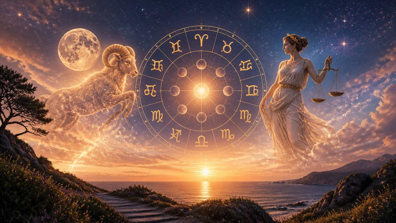 Céu ao entardecer com signos do zodíaco, uma figura feminina segurando balança e um carneiro brilhante próximo à lua cheia