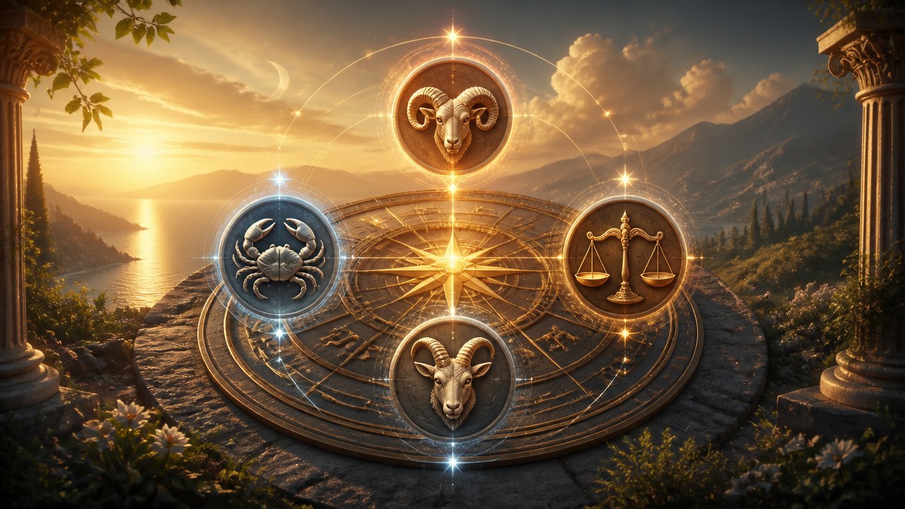 Símbolos dos signos cardinais Áries, Câncer, Libra e Capricórnio sobre um círculo zodiacal iluminado ao pôr do sol