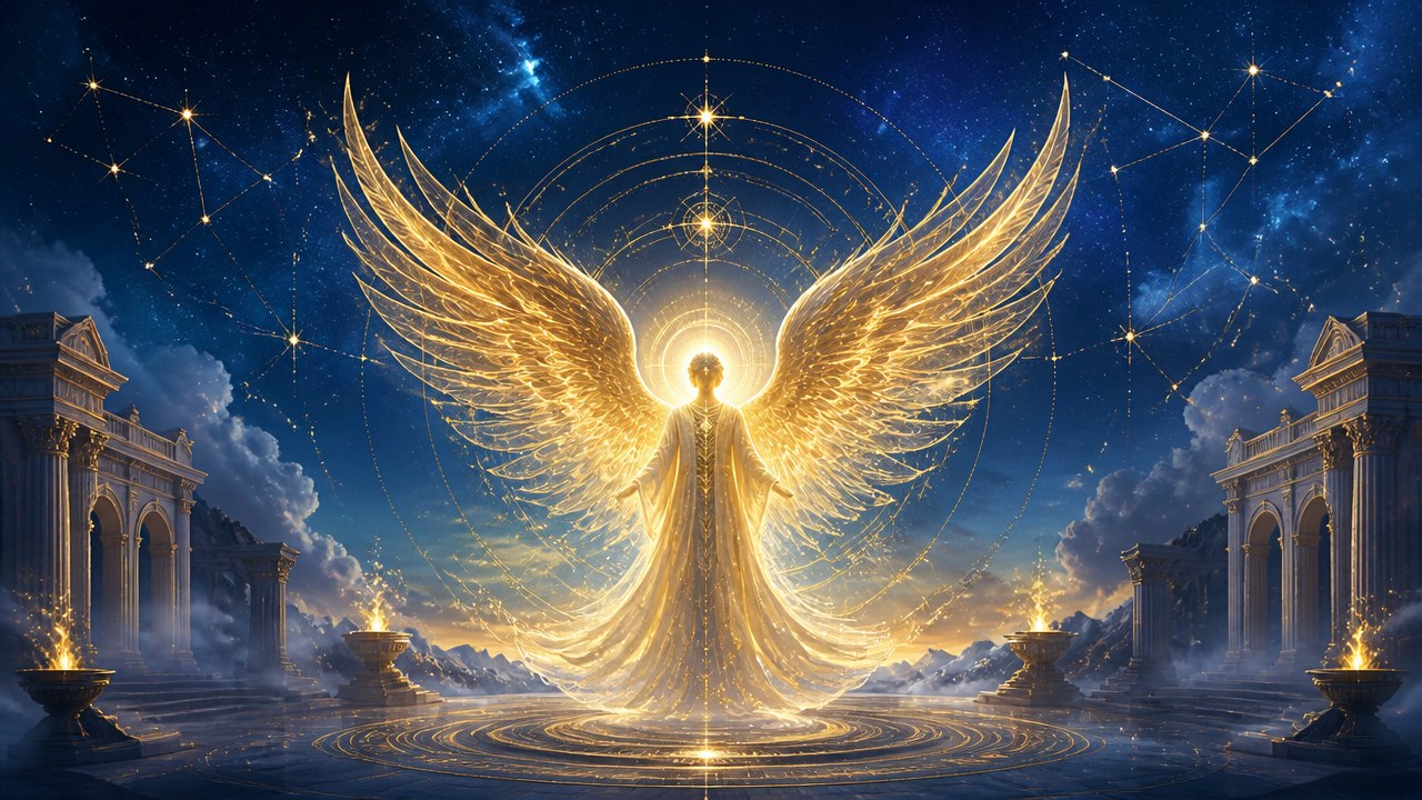 Arte editorial mística sobre Arcanjo Uriel: significado, características, salmo e oração