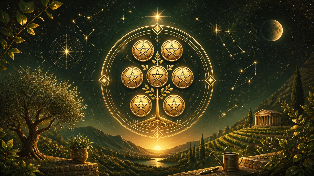 Arte editorial mística sobre Sete de Ouros no Tarot: significado, amor, trabalho e finanças