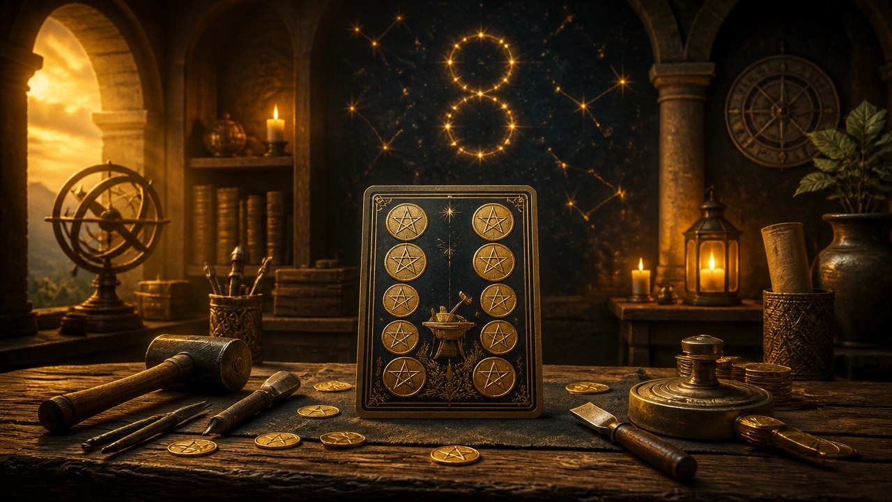 Arte editorial mística sobre Oito de Ouros no Tarot: significado, amor, trabalho e finanças