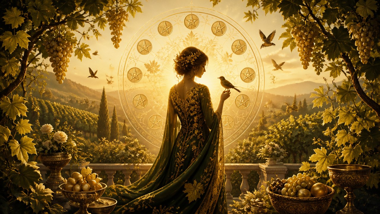 Arte editorial mística sobre Nove de Ouros no Tarot: significado, amor, trabalho e finanças