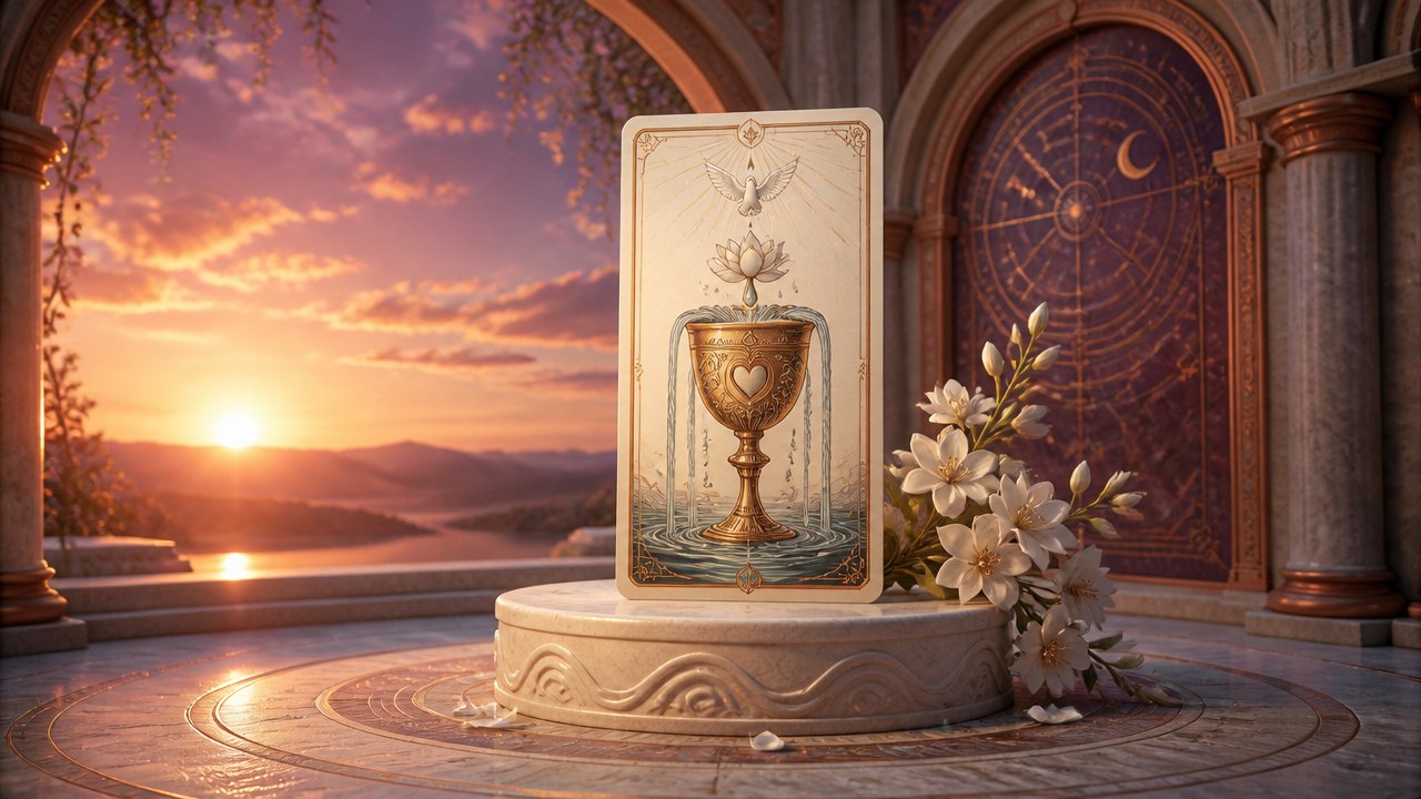 Arte editorial mística sobre Ás de Copas no Tarot: significado, cartas e simbolismos