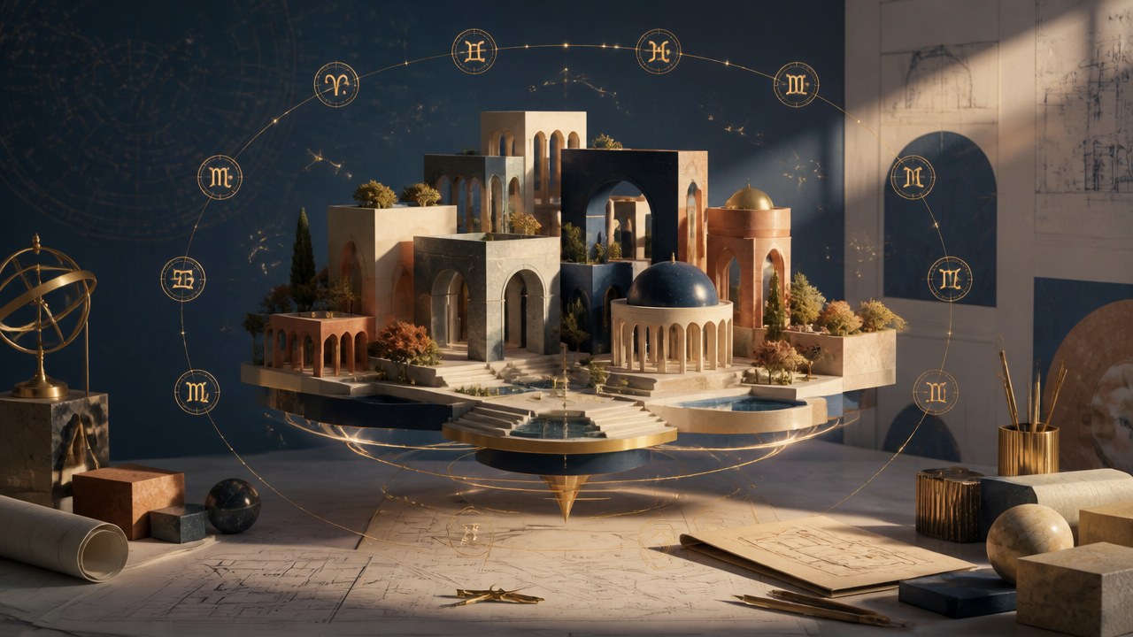 Arte editorial mística sobre Arquitetura e astrologia: o estilo de cada signo