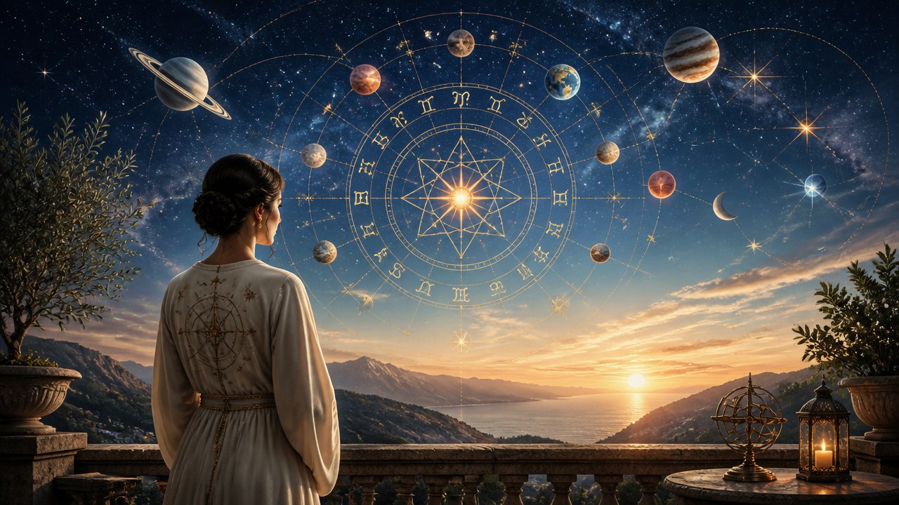 Mulher de costas observa céu ao entardecer com planetas e signos zodiacais em círculo luminoso
