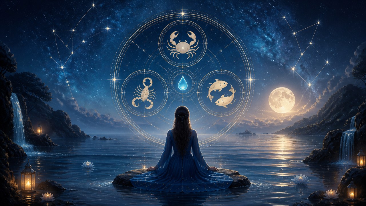 Pessoa sentada de costas em posição de meditação à beira de lago sob céu estrelado com símbolos dos signos de água e lua cheia