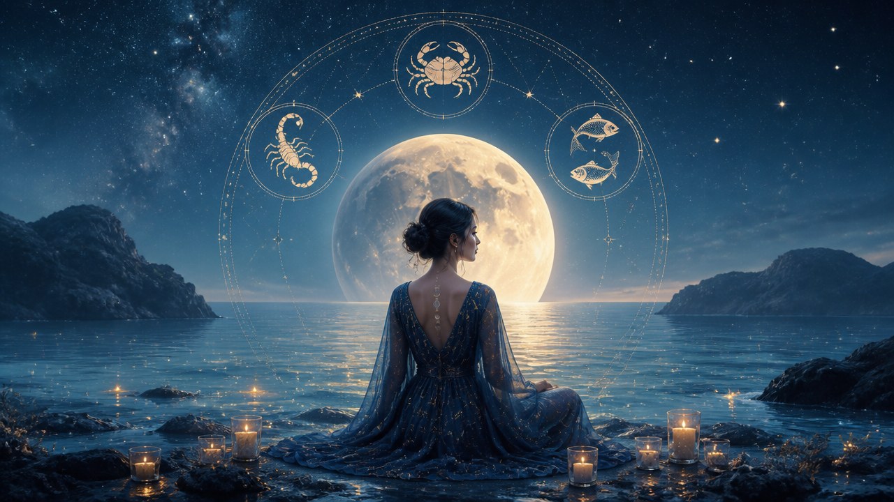 Mulher sentada de costas diante do mar iluminado pela lua cheia com símbolos dos signos de água no céu estrelado
