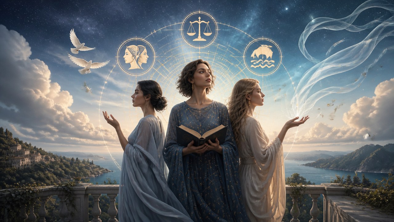 Três mulheres em pé com roupas fluídas, símbolos dos signos de Gêmeos, Libra e Aquário ao fundo com pombas voando
