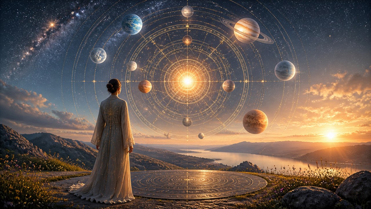 Pessoa de costas observa sistema solar estilizado com planetas e constelações ao pôr do sol