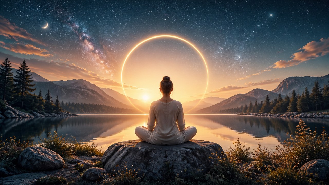 Pessoa meditando sentada de costas em pedra à beira de lago com anel de luz ao pôr do sol