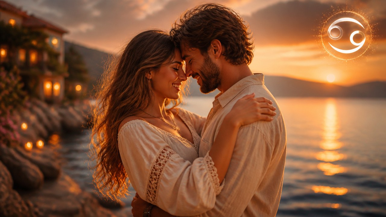 Casal abraçado e sorridente ao pôr do sol à beira-mar com símbolo de Câncer no canto superior direito