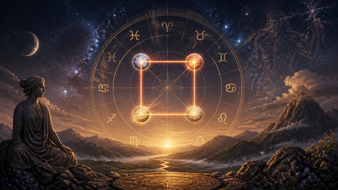 Mapa astral com signos zodiacais e quadratura destacada em formato de quadrado luminoso no céu noturno