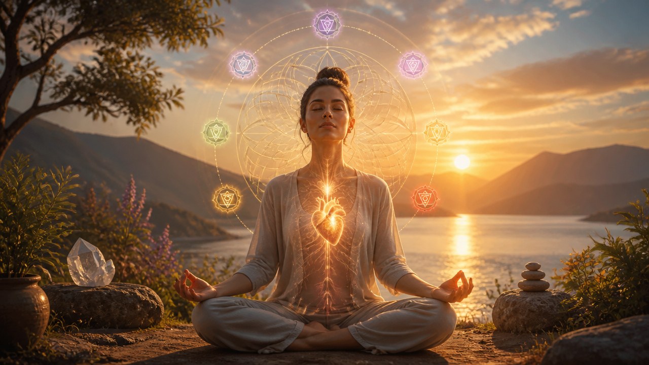 Mulher meditando ao ar livre com símbolos de chakras e luz brilhante no peito ao pôr do sol