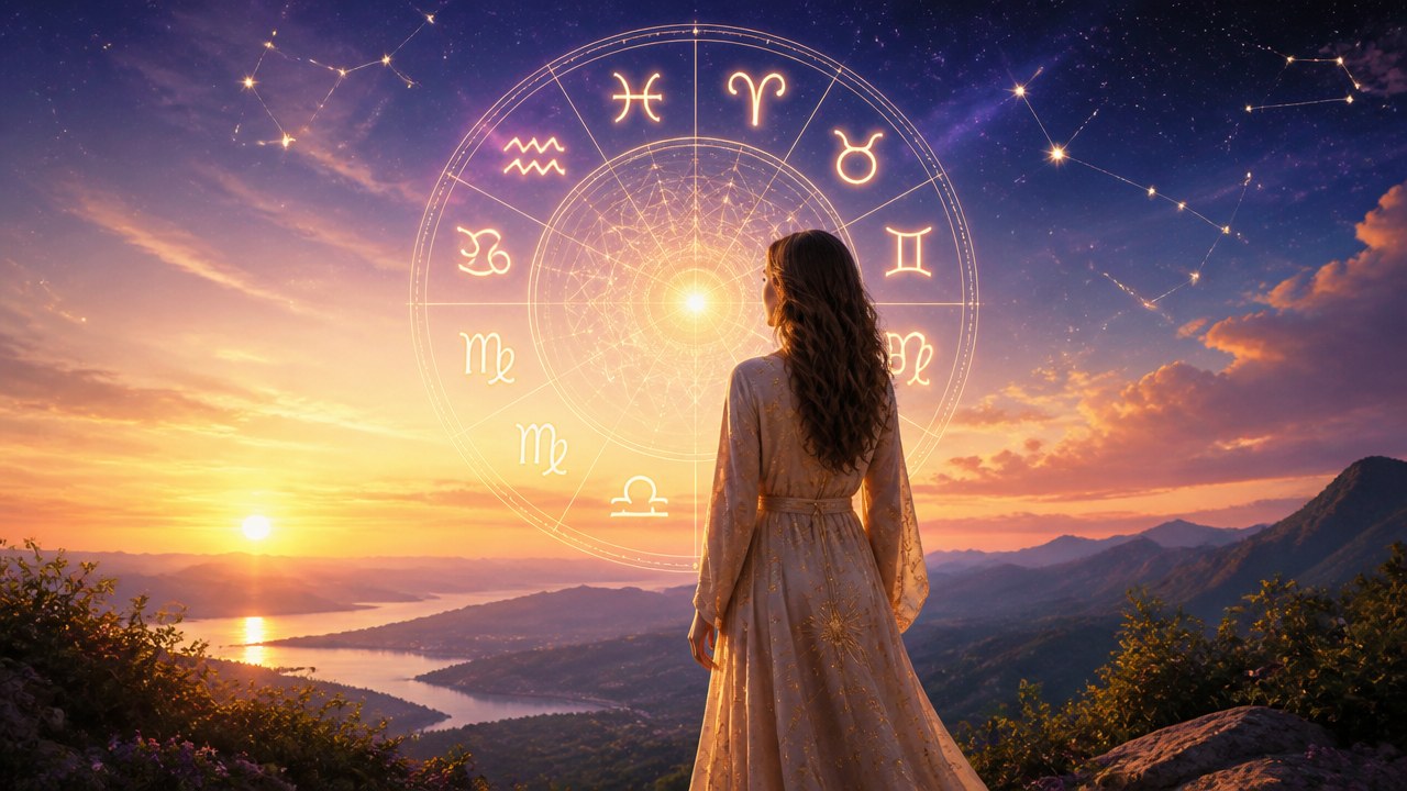 Mulher de costas olhando para círculo com signos do zodíaco ao pôr do sol na montanha