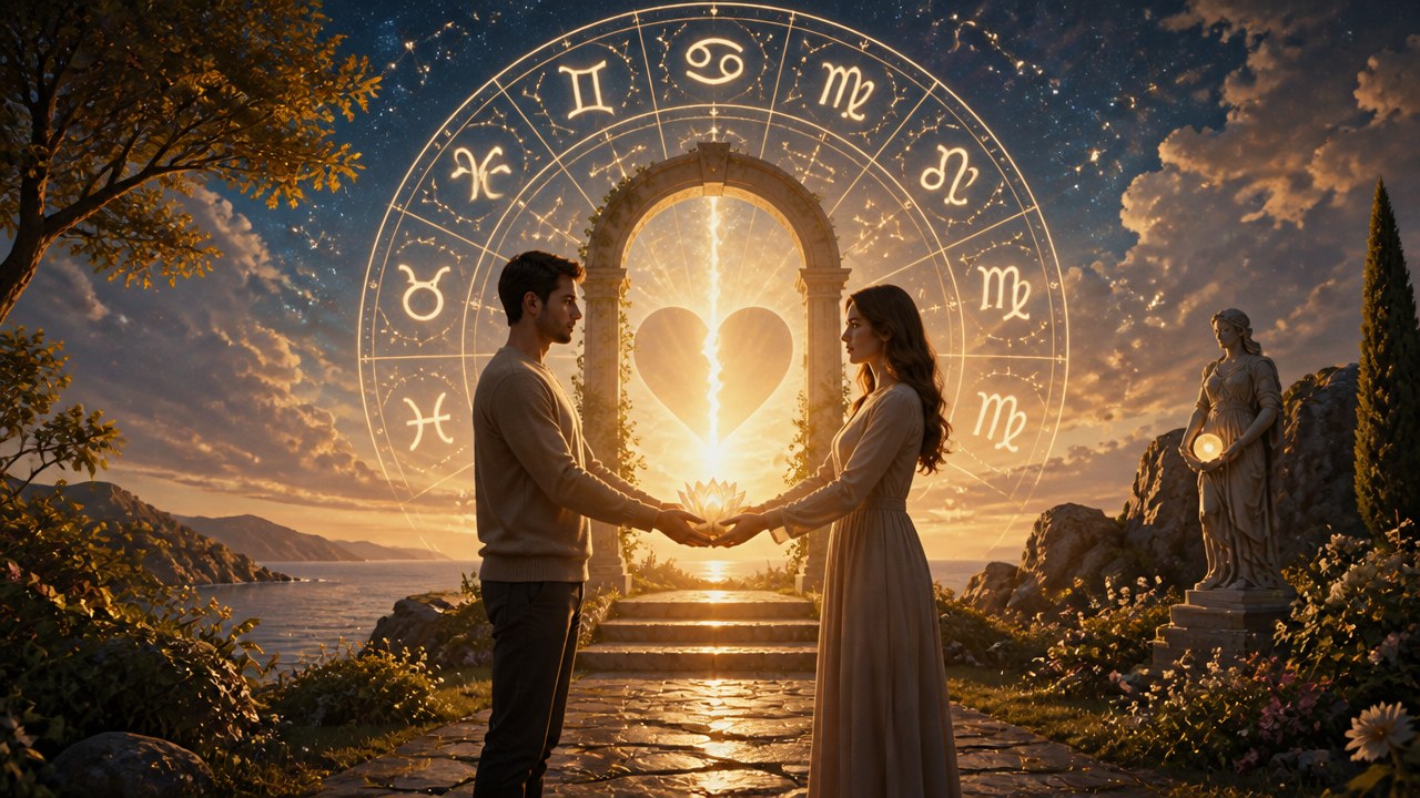 Casal de mãos dadas diante de portal com símbolos do zodíaco e coração iluminado ao pôr do sol