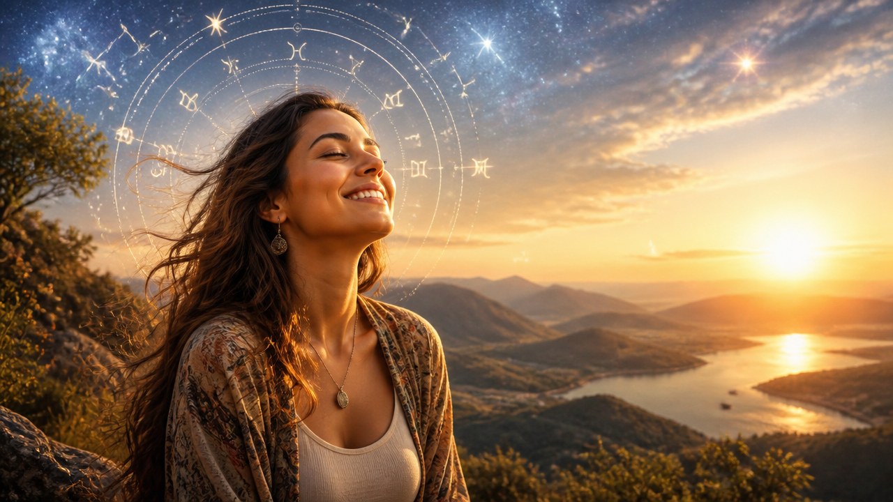 Mulher sorrindo com olhos fechados ao pôr do sol em paisagem montanhosa com signos do zodíaco ao fundo