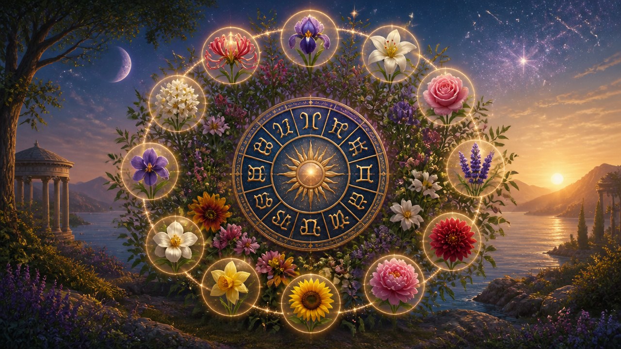 Roda do zodíaco com símbolos dos signos e flores representando cada signo em cenário natural ao pôr do sol