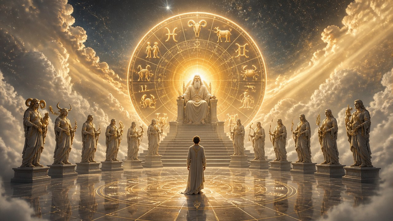 Pessoa de costas diante de trono iluminado com símbolos dos signos do zodíaco em círculo dourado