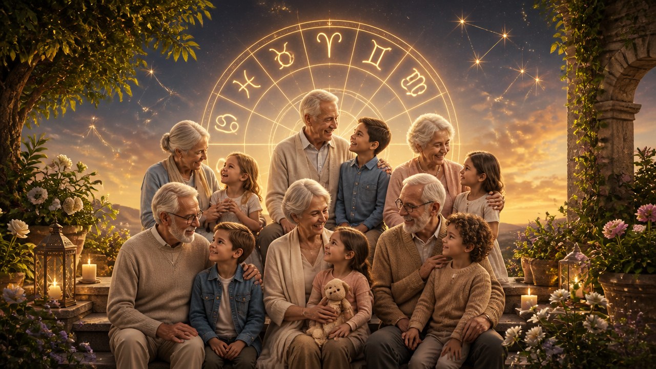 Três casais de idosos com quatro crianças em jardim ao entardecer, com círculo zodiacal iluminado ao fundo
