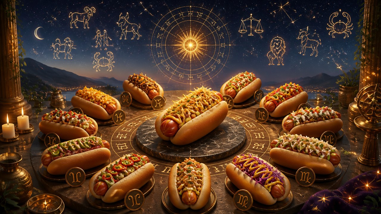 Doze cachorros-quentes variados dispostos em círculo com símbolos dos signos do zodíaco ao fundo
