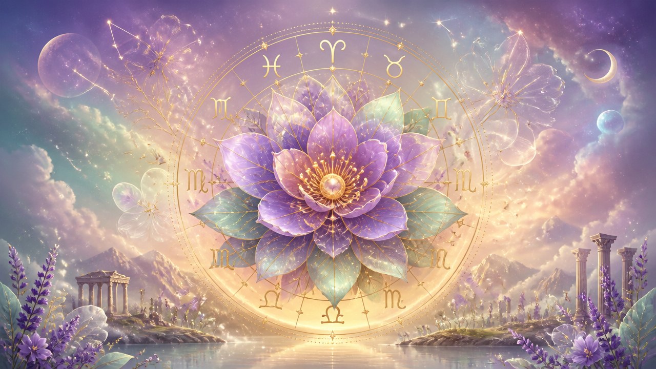 Arte editorial mística sobre A flor de cada signo: descubra seus poderes