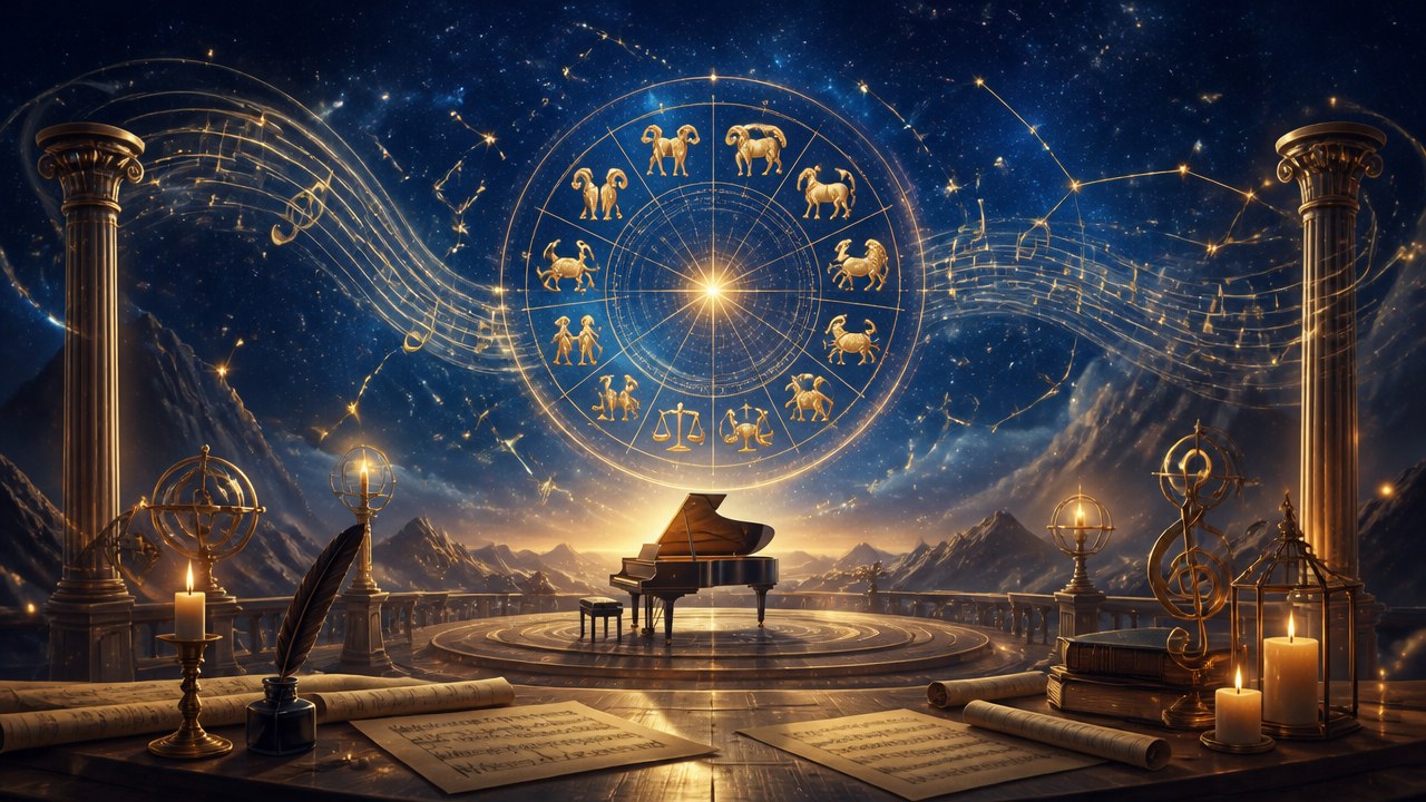 Arte editorial mística sobre O compositor de cada signo