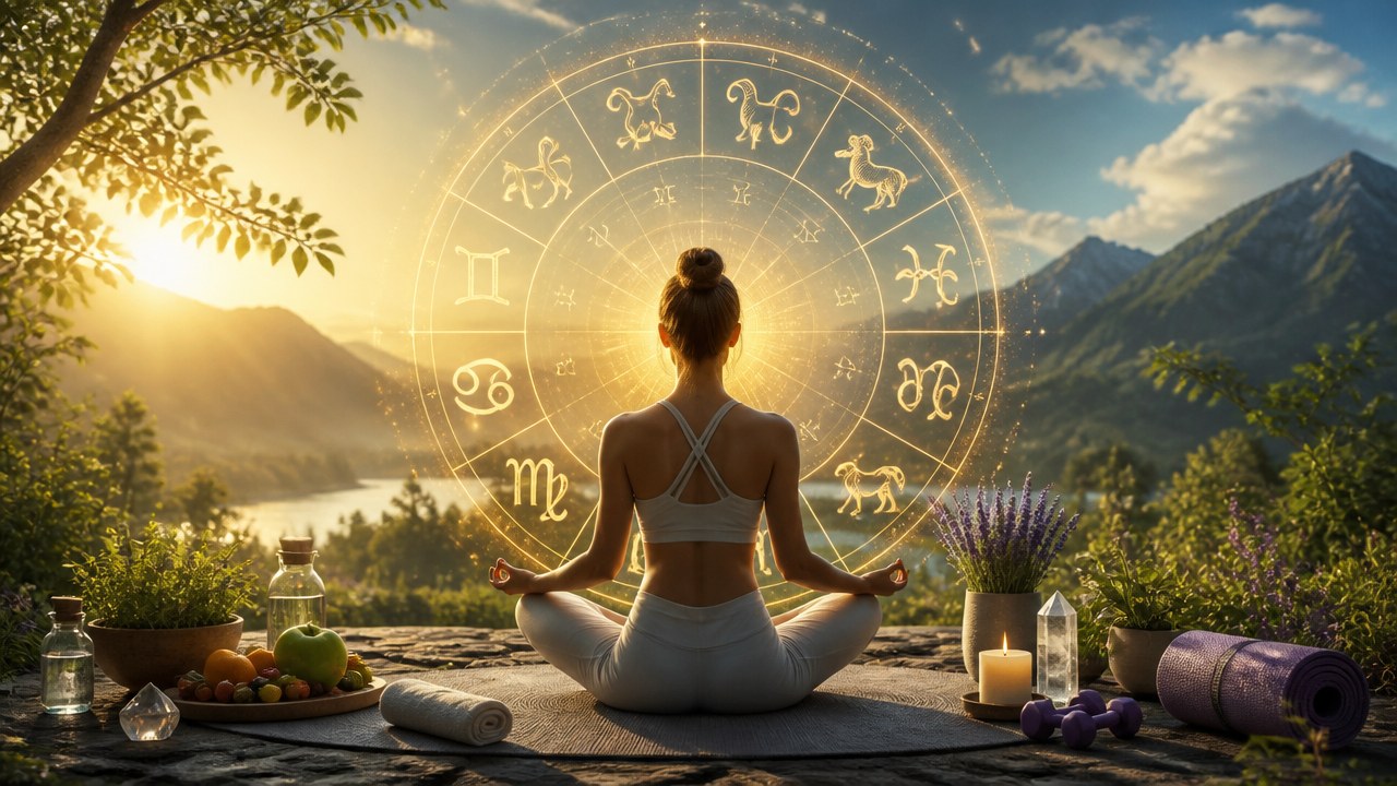 Mulher meditando ao ar livre com símbolos do zodíaco luminosos ao fundo e paisagem de montanhas e lago ao entardecer