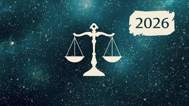 Glifo do signo de libra com o ano de 2026 acoplado a imagem, no canto superior direito.