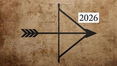 Glifo do signo de sagitário com o ano de 2026 acoplado a imagem, no canto superior direito.