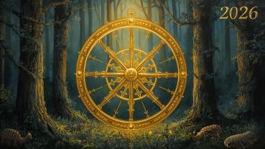 Imagem da carta do tarô Roda da Fortuna (arcano regente do ano de 2026) e no canto superior direito, o ano de 2026.
