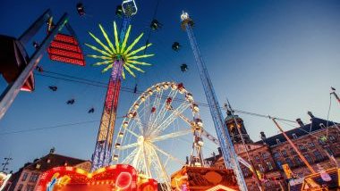 Imagem de vários brinquedos em um parque de diversões. Em destaque uma roda gigante, iluminada.