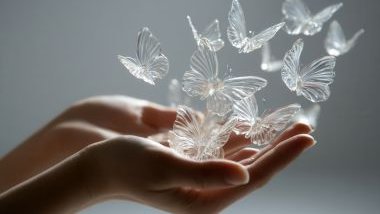 Imagem de uma mão feminina saindo dela várias borboletas transparententes, simbolizando um sinal espiritual.