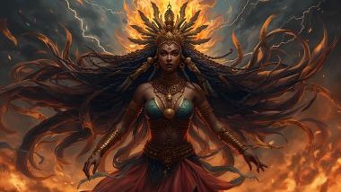 Imagem de Iansã que é uma poderosa orixá iorubá dos ventos, tempestades e raios, representando a força feminina, a paixão, a coragem e a transformação.