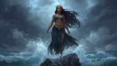 Imagem de Iemanjá, a rainha do mar, posicionada sobre uma pedra dentro da água.