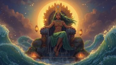 Imagem de Iemanjá, a rainha do mar, sentada sobre uma pedra dentro da água.