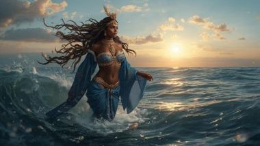 Imagem de Iemanjá, a rainha do mar, dentro da água.