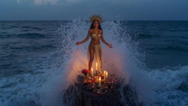 Imagem de Iemanjá, a rainha do mar. Ela está de pé, sobre uma rocha dentro da água, decorada com velas acesas e vários tipos de rosas.