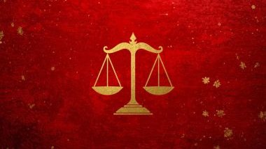 Imagem de fundo vermelho e alguns elementos em dourado e o glifo do signo de libra em destaque.