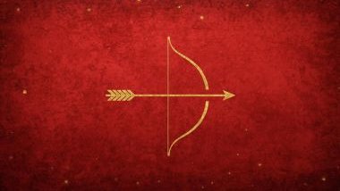 Imagem de fundo vermelho e alguns elementos em dourado e o glifo do signo de sagitário em destaque.