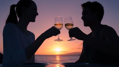 Imagem de um casal, homem e mulher, namorando. Eles estão brindando e tomando um vinho. Ao fundo da foto, um lindo pôr do Sol.