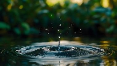 Imagem do impacto de uma gota de água, criando ondulações na superfície calma da água.