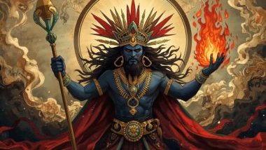 Imagem do orixá ogum que é representado por: coragem, determinação e uma força vibrante que impulsiona a ação e a superação. É representado pelas cores azul-escuro e vermelho, símbolos da bravura, da vitalidade e da energia do combate justo.