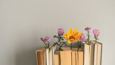 Imagem de vários livros de poesias sobre uma estante, decorados com uma flor nas cores amarela e rosa.