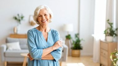 Imagem de uma mulher 60+ usando uma camisa clara em uma sala de estar, simbolizando uma sogra.