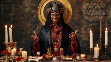 Imagem do exu das sete catacumbas na umbanda que usa roupas nas cores Preto e Vermelho e traz como símbolos chaves, velas, ossos simbólicos, encruzilhadas e elementos ligados à proteção espiritual.