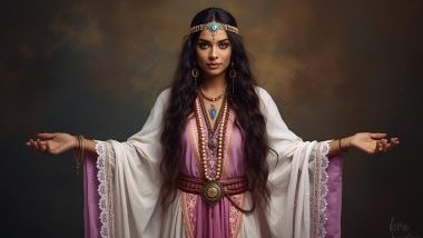 Imagem da cigana Sara da Umbanda. Ela usa roupas elegantes e fluidas, com cores como rosa, branco e lilás, simbolizando proteção, intuição, harmonia e alegria espiritual. A sua aparência é de uma mulher de presença marcante, sorriso acolhedor.