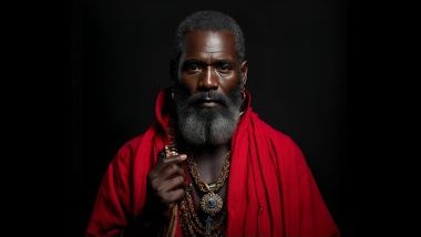 Imagem do Exu Lalu da Umbanda. Ele usa roupas em tons de vermelho, preto e azul, refletindo proteção, sabedoria e energia espiritual. A sua aparência é de uma figura imponente, olhar atento e postura firme, transmitindo autoridade e segurança.