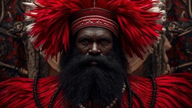 Imagem do Exu Bara da Umbanda. Ele usa roupas em tons de vermelho e preto, muitas vezes acompanhadas de detalhes em branco, representando movimento, vitalidade e equilíbrio entre forças opostas. Sua aparência é de uma figura imponente, com olhar penetrant