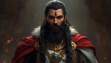 Imagem do Exu 7 Encruzilhadas. Ele usa roupas em tons de vermelho, preto e branco, muitas vezes com detalhes dourados, representando proteção, energia vital e conexão com as forças da encruzilhada e a sua aparência é de uma figura firme e imponente, com o