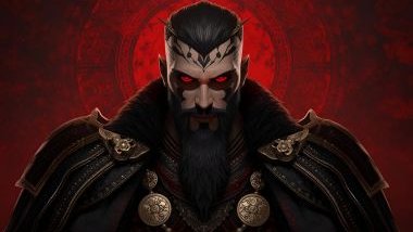 Imagem do Exu Tata Caveira. Ele usa roupas em tons de preto e vermelho, muitas vezes com detalhes em branco ou dourado, representando proteção, força e ligação com as energias espirituais mais densas. Ele é uma figura imponente e enérgica, com olhar profu